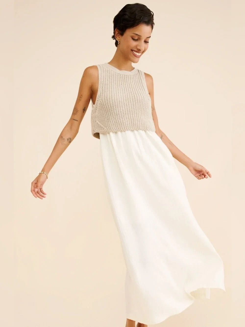 Anthropologie Moth Twofer Maxi Dress Linen Gauzy Cotton Sleeveless Petite Size L